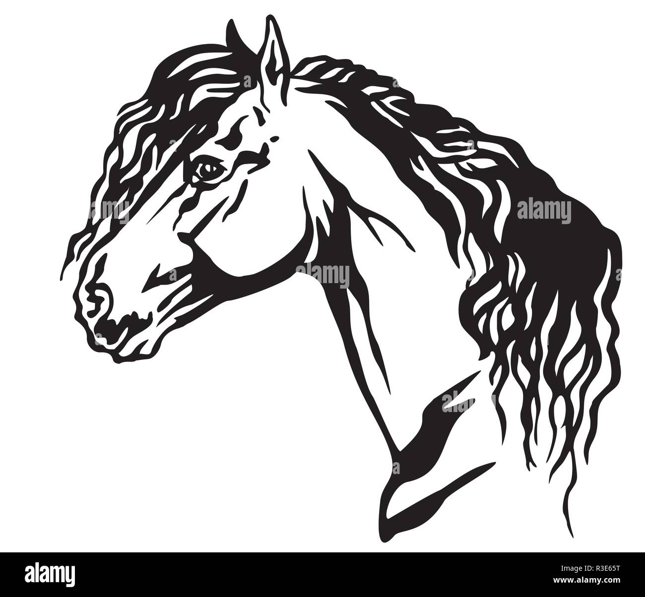 Portrait de profil décoratif en beau cheval frison avec crinière longue, isolé vector illustration en couleur noir sur fond blanc. Pour l'image Illustration de Vecteur