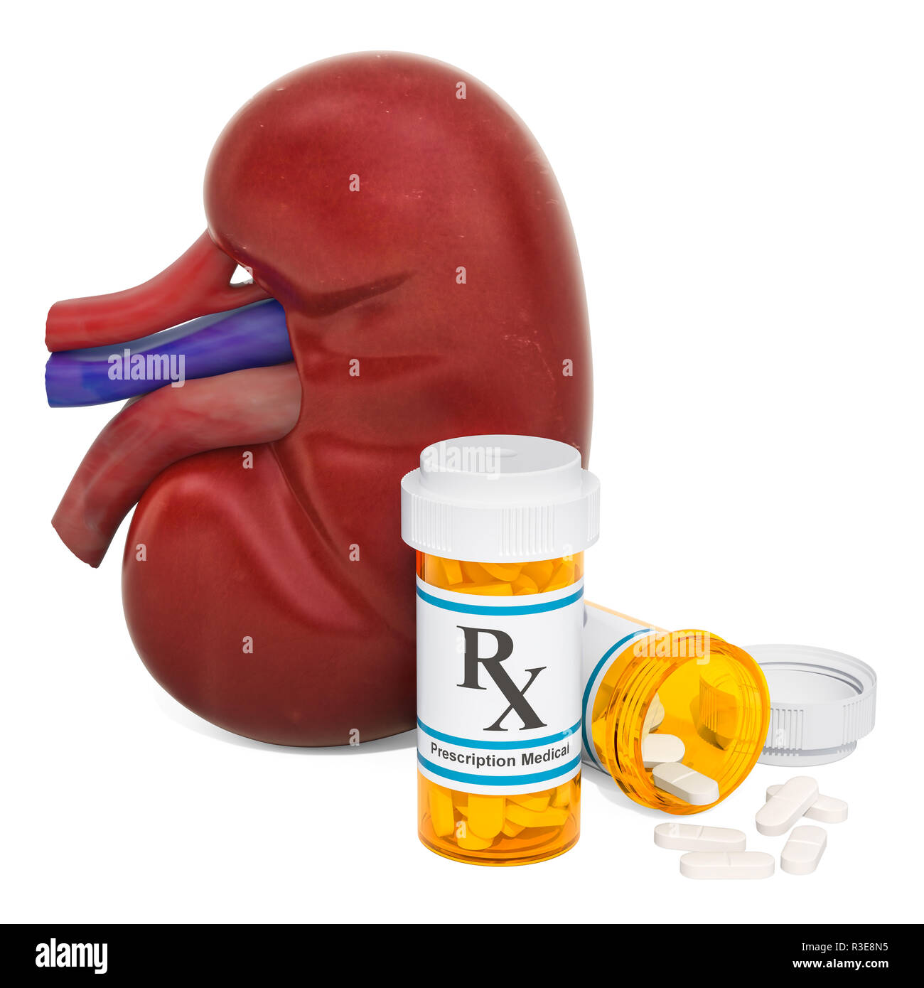 Les reins et le concept des médicaments. Rein humain avec des bouteilles et des pilules, rendu 3D isolé sur fond blanc Banque D'Images