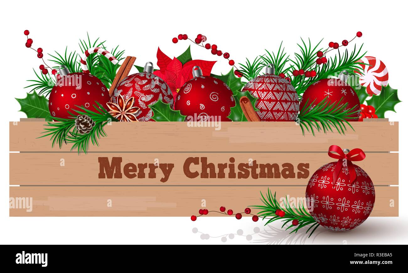 Joyeux Noël. Boules de Noël rouge de fête en ligne dans des caisses en bois marron avec décoration de sapin. fort avec Candy Cane, lolly pop, Holly, baies, motif Illustration de Vecteur