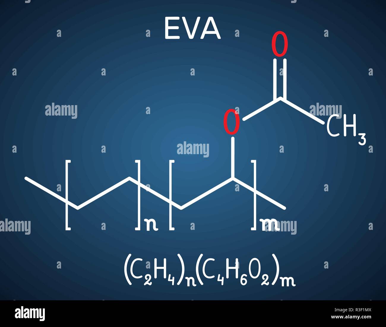 L'éthylène-acétate de vinyle (EVA). C'est est le copolymère d'éthylène et d'acétate de vinyle. Formule chimique structurel sur le fond bleu foncé. Il vecteur Illustration de Vecteur