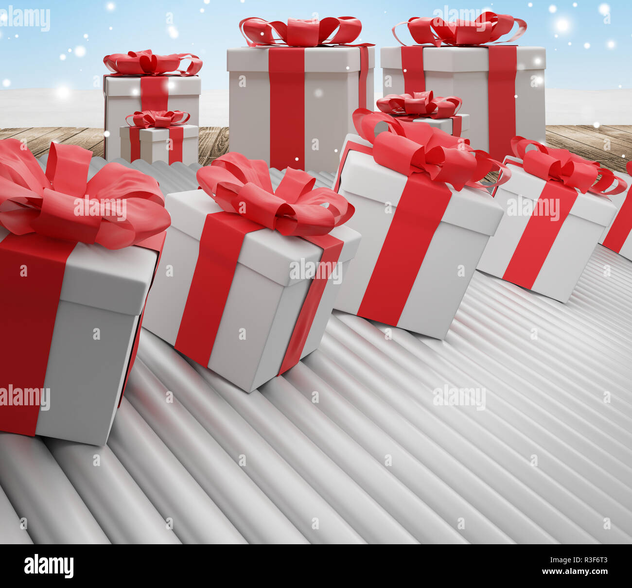 Rangée de boîtes cadeaux de Noël sur la courroie du convoyeur 3d-illustration Banque D'Images