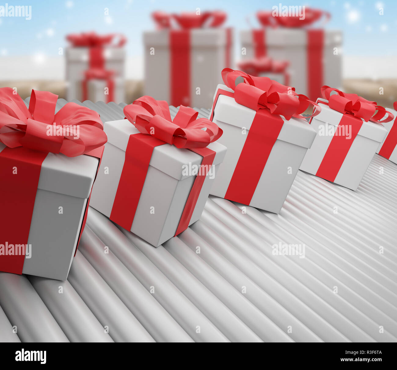 Rangée de boîtes cadeaux de Noël sur la courroie du convoyeur 3d-illustration Banque D'Images