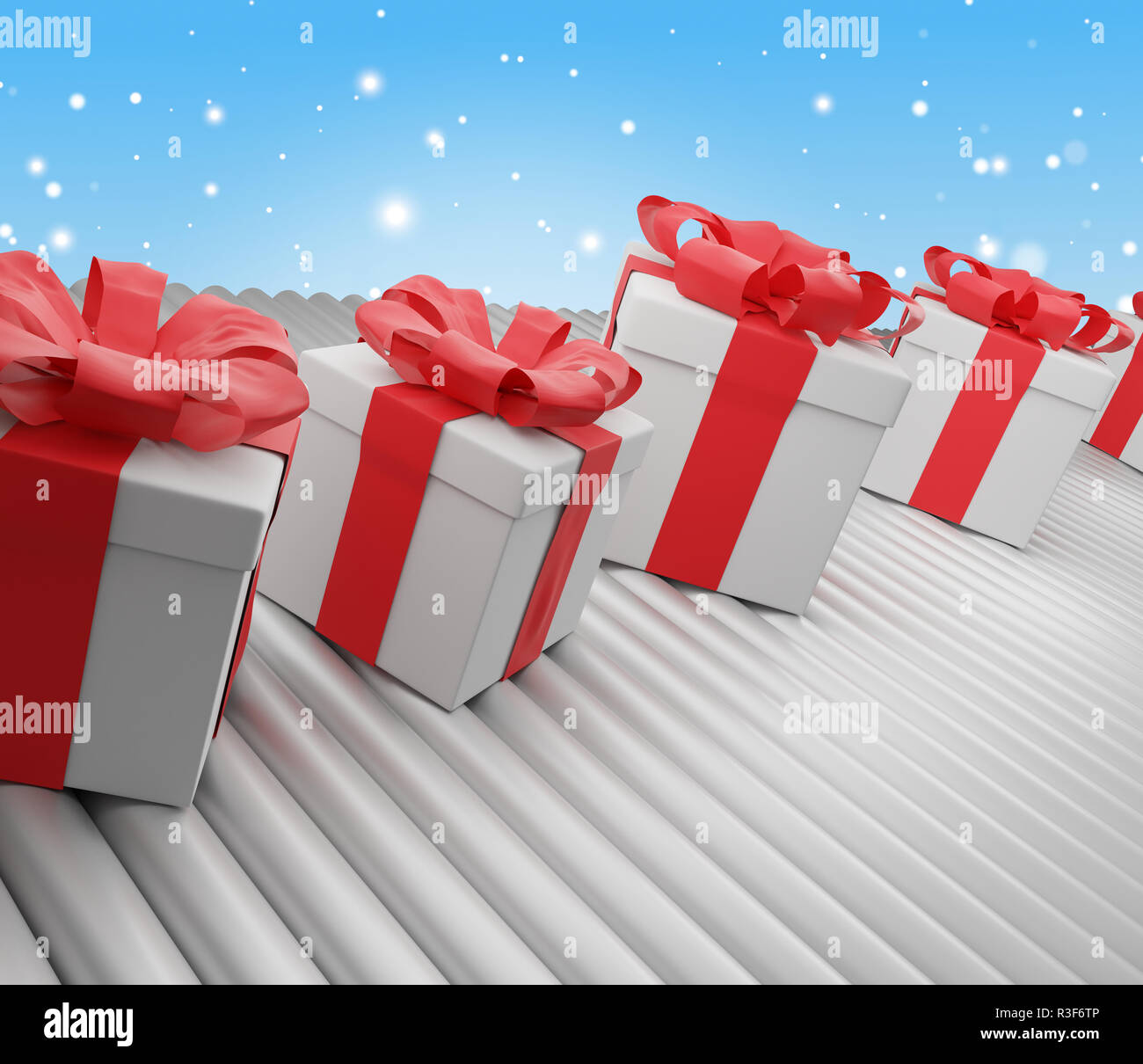 Rangée de boîtes cadeaux de Noël sur la courroie du convoyeur 3d-illustration Banque D'Images