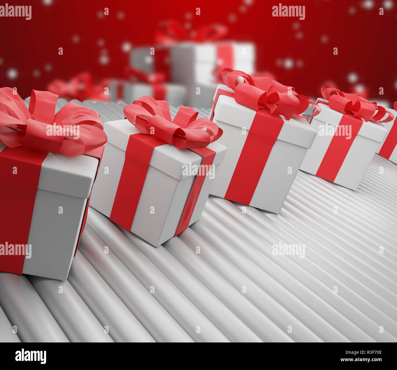 Rangée de boîtes cadeaux de Noël sur la courroie du convoyeur 3d-illustration Banque D'Images