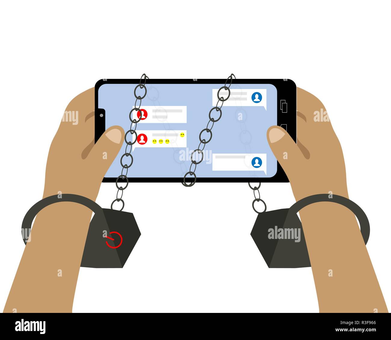 Les mains dans les menottes sont titulaires d'un smartphone. La dépendance à l'égard des réseaux sociaux. Vector illustration. Illustration de Vecteur