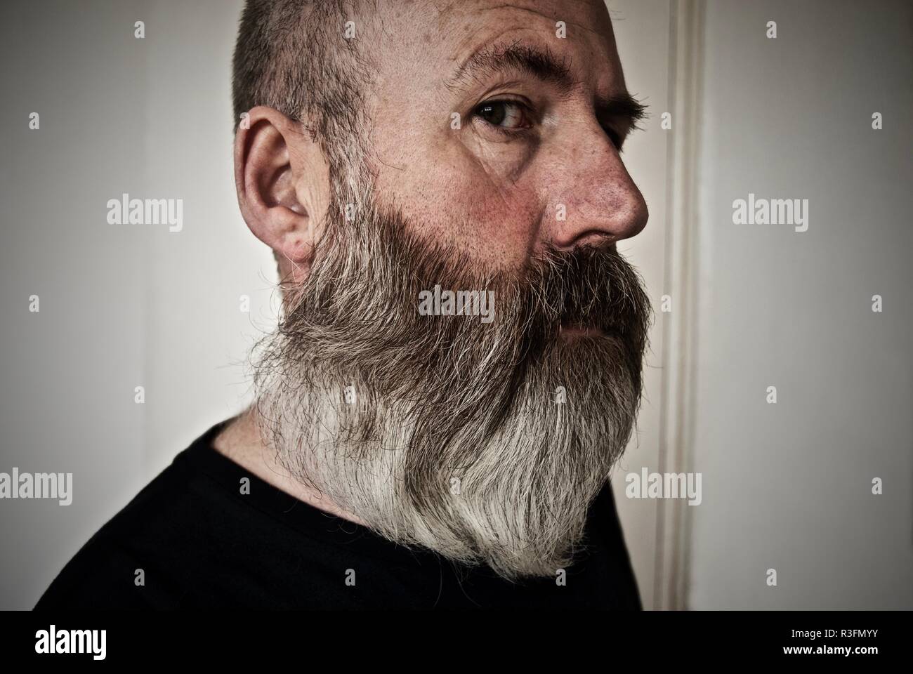 Homme d'âge moyen avec une grande barbe hippie gris Banque D'Images