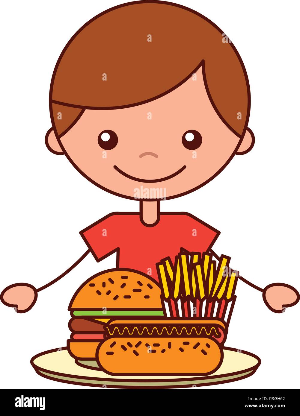 Garçon avec burger hot dog et frites Illustration de Vecteur
