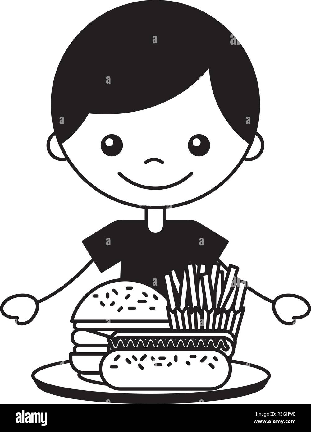 Garçon avec burger hot dog et frites Illustration de Vecteur