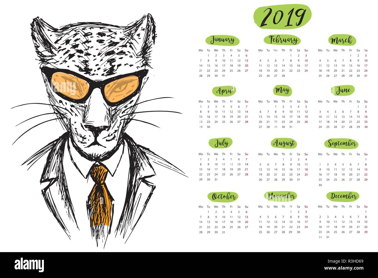 Calendrier 2019 avec drôle hipster cheetah, dessinés à la main des animaux sauvages Illustration de Vecteur