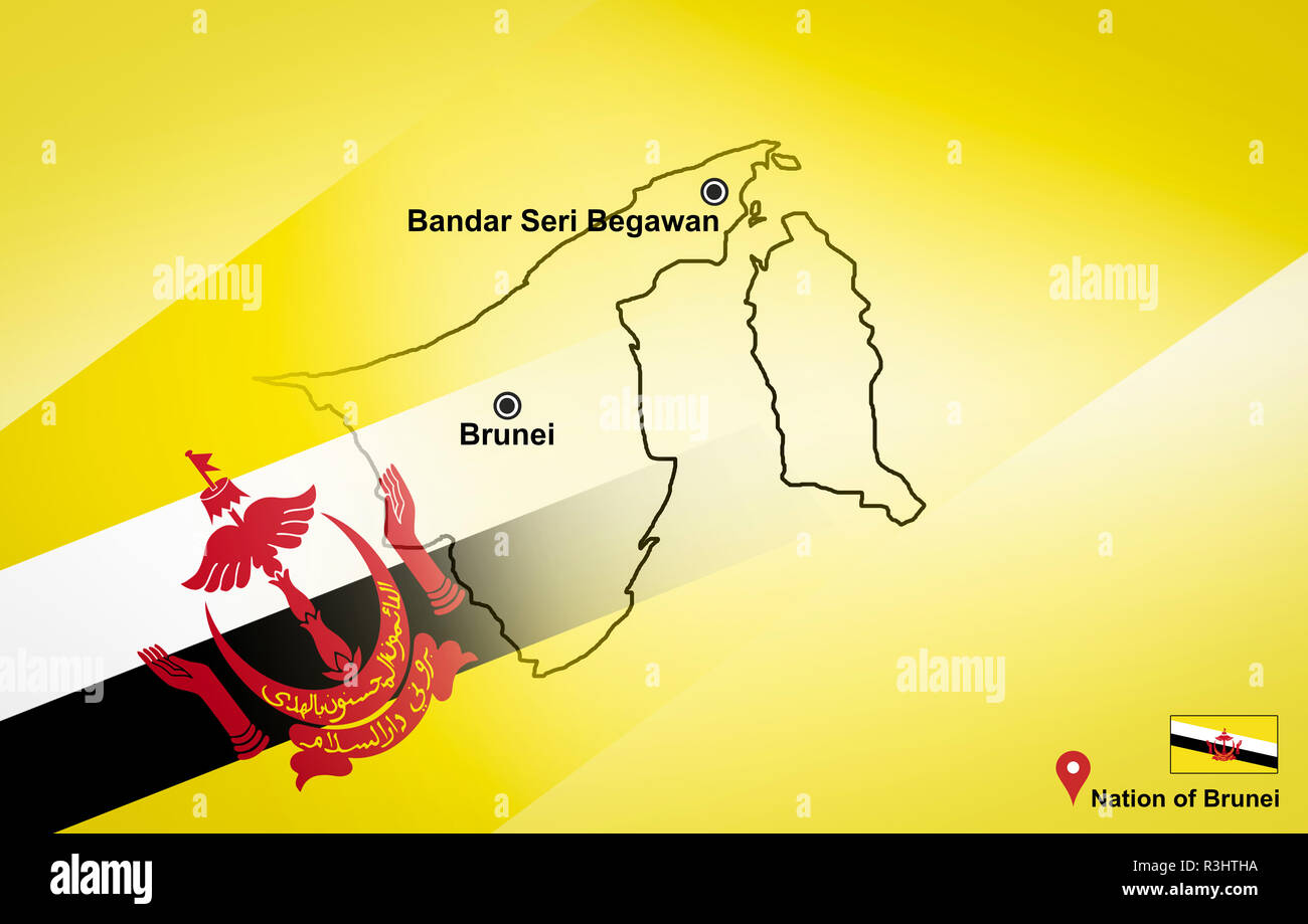 La carte et le Brunei Bandar Seri Begawan avec plan de situation et le Brunei drapeau sur la carte de voyage d'Asie - Pays de Brunei Banque D'Images