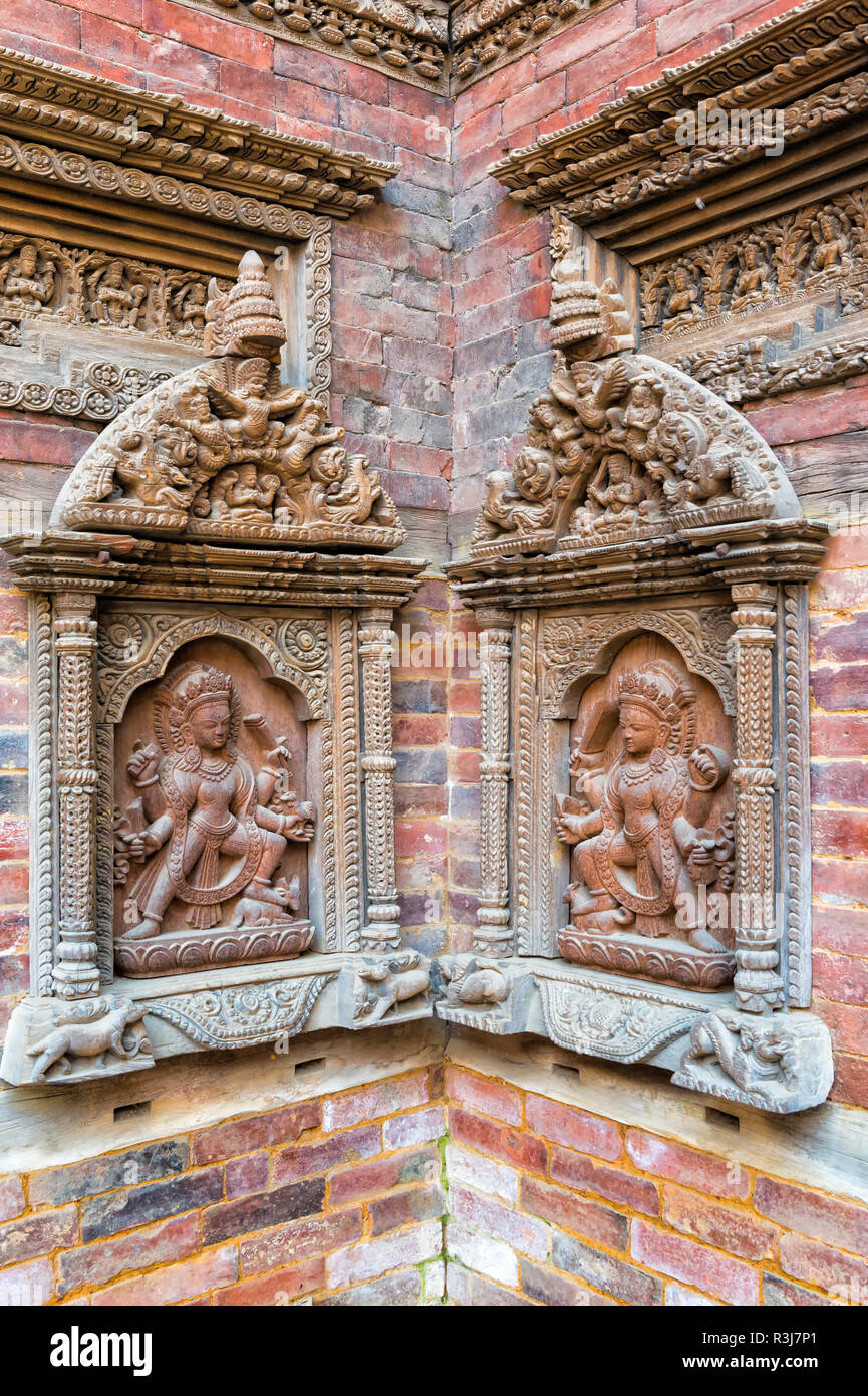 Mul Chowk, courtyard Wall statues sculptées, Hanuman Dhoka Palais Royal, Patan Durbar Square, site du patrimoine mondial de l'UNESCO Banque D'Images