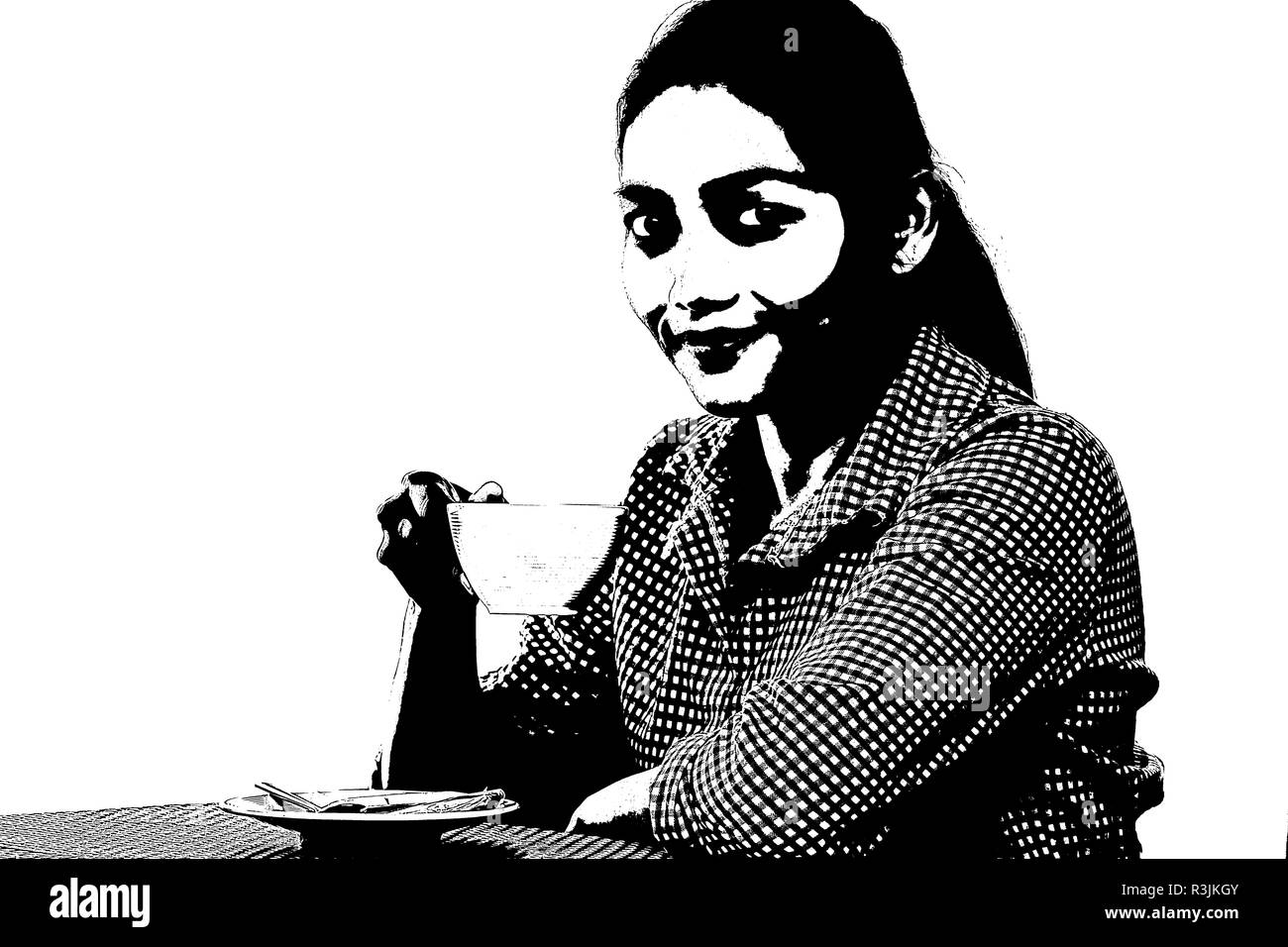 Une peinture - illustration photo de happy smiling woman holding a cup avec une boisson et à la recherche dans l'appareil photo, sur fond blanc. Banque D'Images