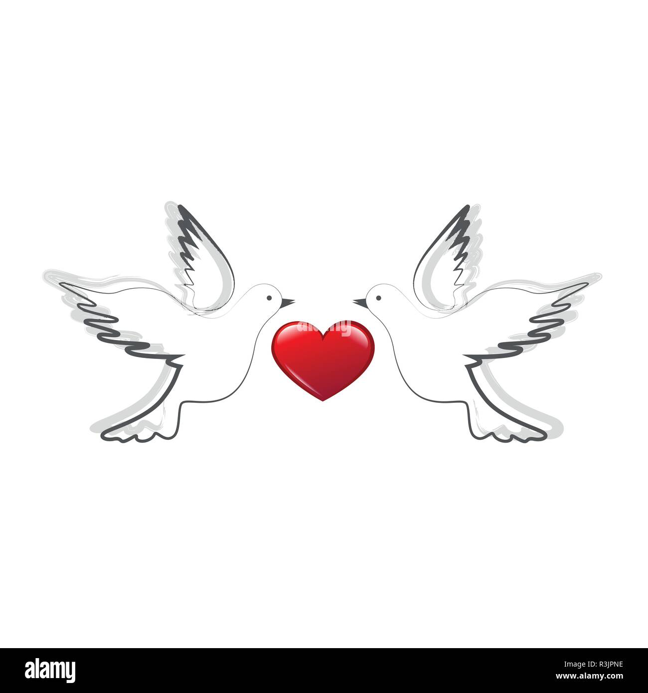 Deux colombes avec coeur rouge d'amour et de paix concept vector illustration EPS10 Illustration de Vecteur