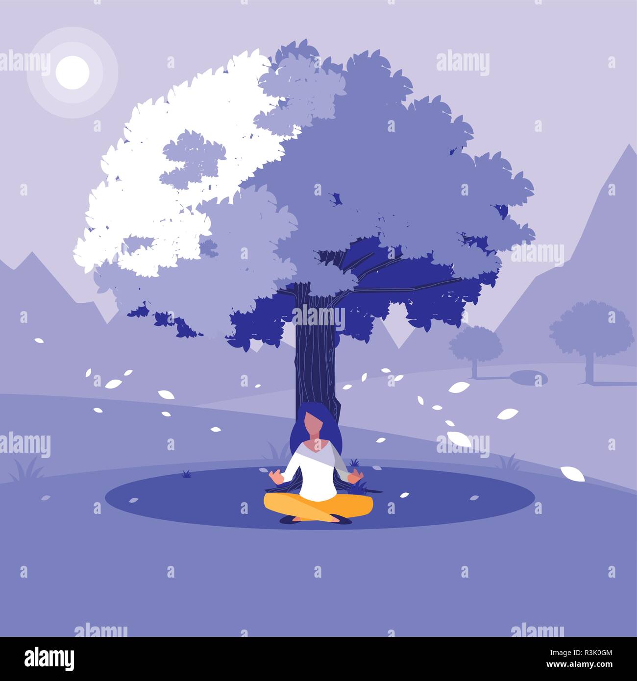 Woman practicing yoga sous un arbre sur fond de paysage, design coloré. vector illustration Illustration de Vecteur