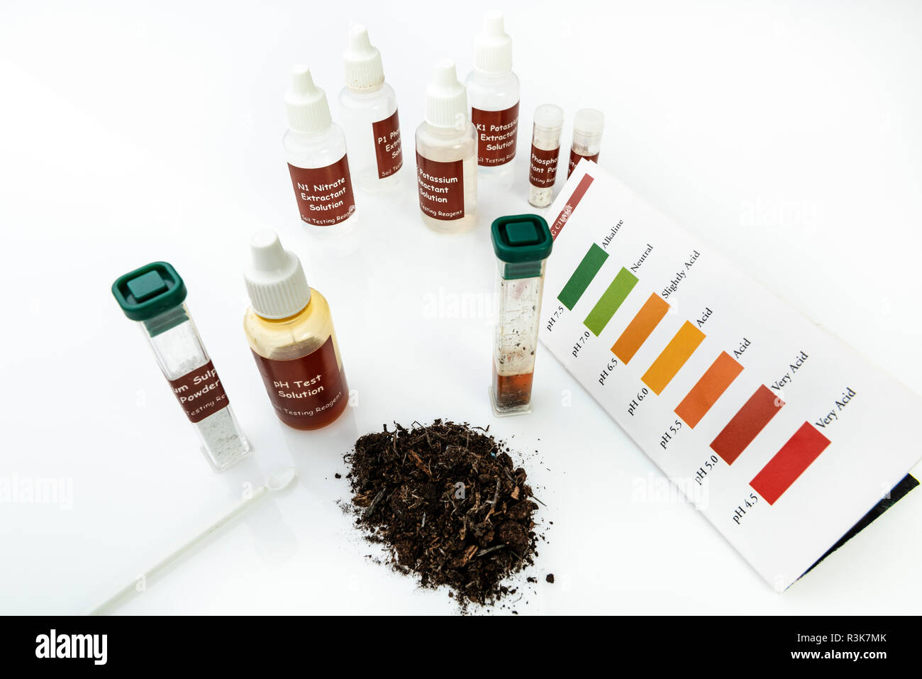 Kit d'analyse des sols avec des produits chimiques pour l'essai du potassium, l'azote, du phosphore et de l'acidité des sols. Montrant les niveaux d'acide de PH ou de test. Banque D'Images