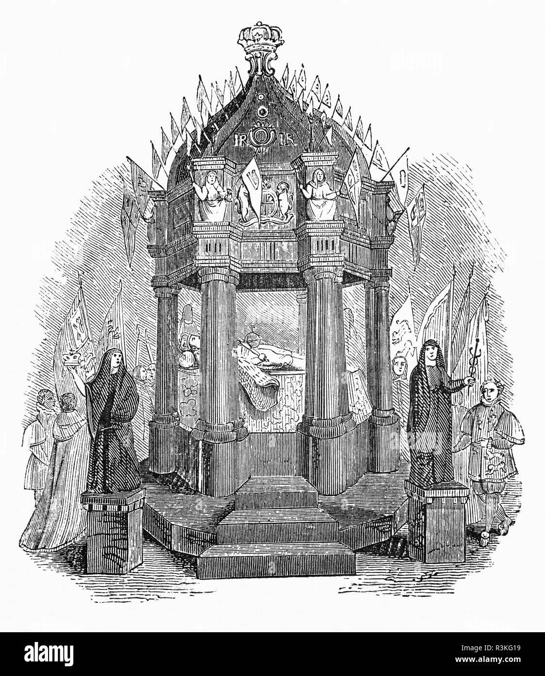 Le roi James I situé dans la région après sa mort le 27 mars 1625. Avant sa mort, le roi est souvent gravement malade au cours de la dernière année de sa vie, de plus en plus souffert d'arthrite, de goutte et de calculs rénaux, il a également perdu ses dents et buvait beaucoup. Il était rarement capable de visiter Londres, tandis que son contrôle consolidé Buckingham de Charles pour assurer son propre avenir. Au début de 1625, James a été frappé par de graves attaques d'arthrite, la goutte, et l'évanouissement, s'adapte et est tombé gravement malade, a subi un accident vasculaire cérébral et est mort à Theobalds House au cours d'une violente attaque de dysenterie, avec Buckingham à son chevet. Banque D'Images