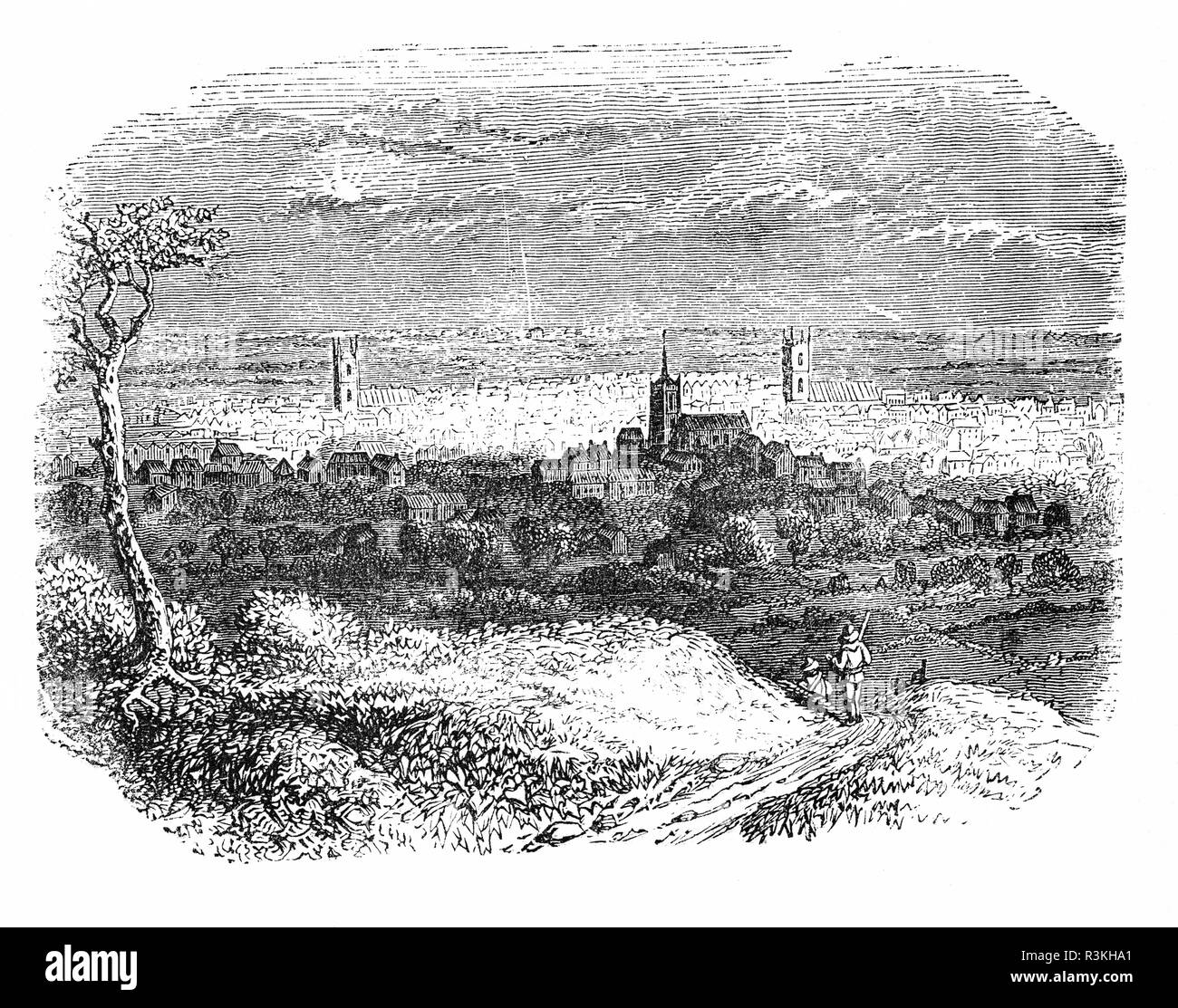 Lecture à la vallée de la Tamise à la confluence de la Tamise et la rivière Kennett, est d'une grande importance historique, minster ville dans le Berkshire, en Angleterre, dont il est aujourd'hui le chef-lieu. Vu ici de Caversham Hill. Dans la guerre civile il y a eu de violents combats autour de Caversham pendant une courte période en avril 1643. La lecture a été détenue par des royalistes et fut assiégée par une force parlementaire sous le comte d'Essex. Royalistes ont marché au sud d'Oxford pour essayer de soulager les défenseurs de la ville mais ont été lourdement défaits, et la ville est prise par les parlementaires, quelques jours plus tard. Banque D'Images