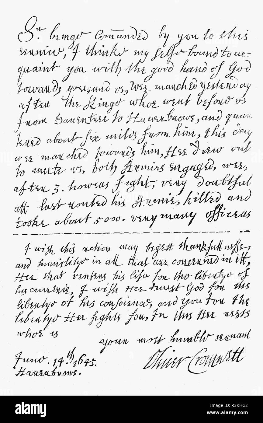 Une lettre de l'annonce de la victoire à la bataille de Naseby par Oliver Cromwell à William Lenthall, un homme politique qui a servi comme président de la Chambre des communes. La bataille est un engagement décisif de la guerre civile anglaise, s'est battu le 14 juin 1645 entre l'armée royaliste principal du Roi Charles I et le Parlementaire New Model Army, commandée par Sir Thomas Fairfax et Oliver Cromwell. Le roi Charles J'ai perdu la majeure partie de son infanterie et ancien combattant de l'artillerie, les officiers et les magasins, ses bagages personnels et de nombreuses armes, assurer les royalistes n'aurait jamais de nouveau une armée de qualité comparable. Banque D'Images