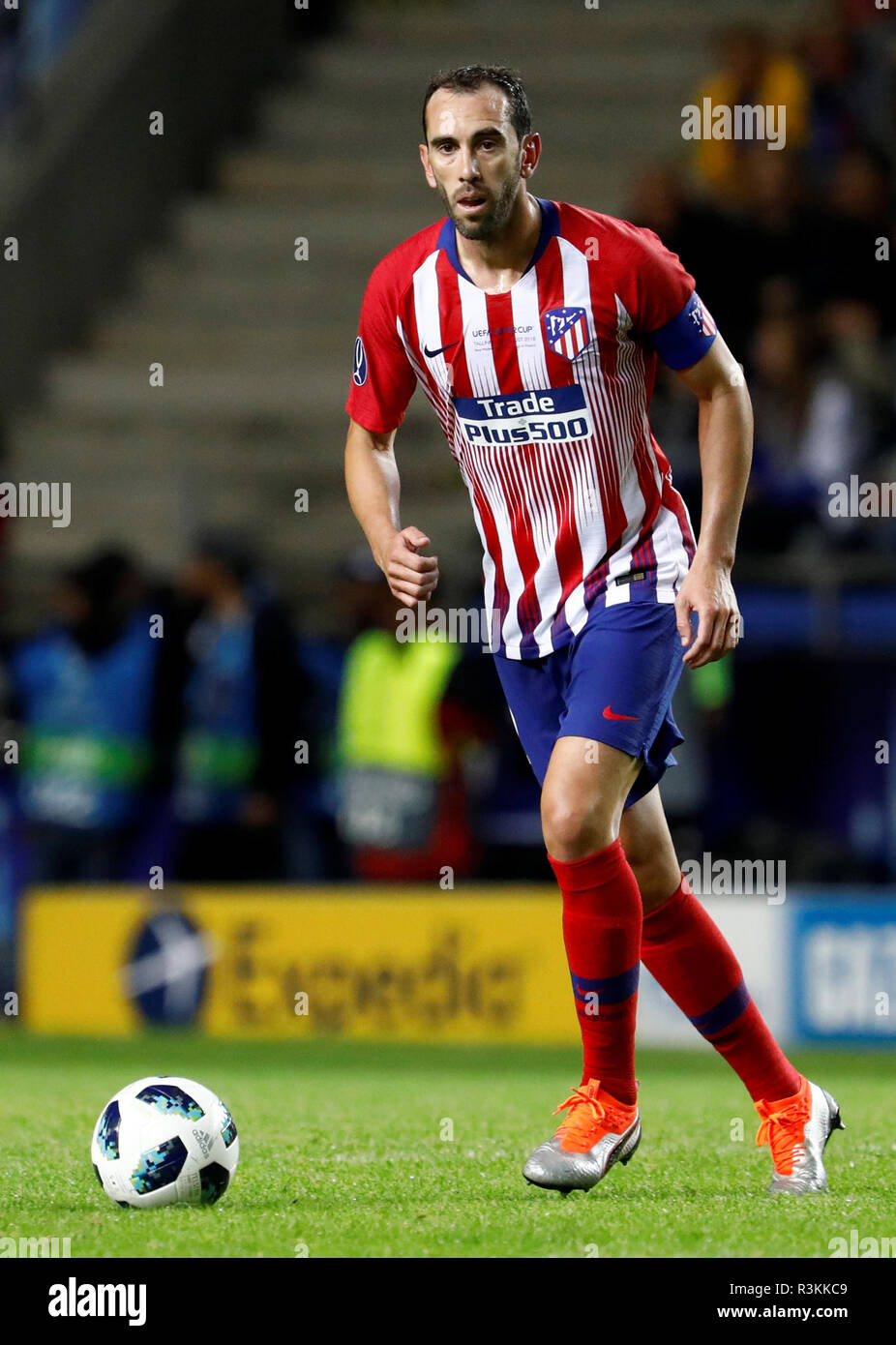 TALLINN, ESTONIE - 15 août : Diego Godin de l'Atletico Madrid lors de la Super Coupe de l'UEFA match entre le Real Madrid et l'Atletico Madrid lors d'une Le Coq Arena le 15 août 2018 à Tallinn, Estonie. (MB) Banque D'Images