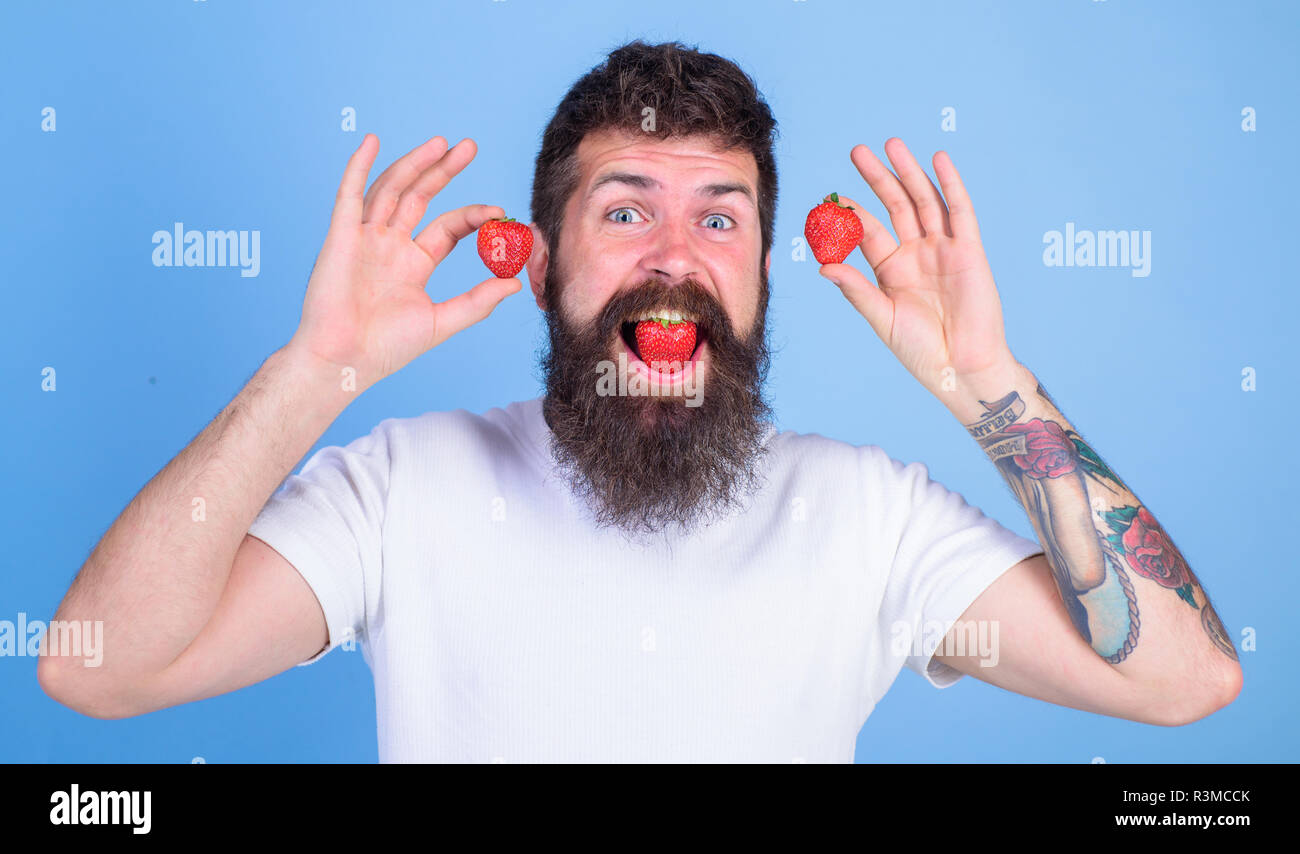 Bouche Berry hipster barbu. Nous sommes ce que nous mangeons. Goût sucré fraise concept. L'homme beau hipster longue barbe manger tenir la fraise. Profitez de l'homme berry Banque D'Images