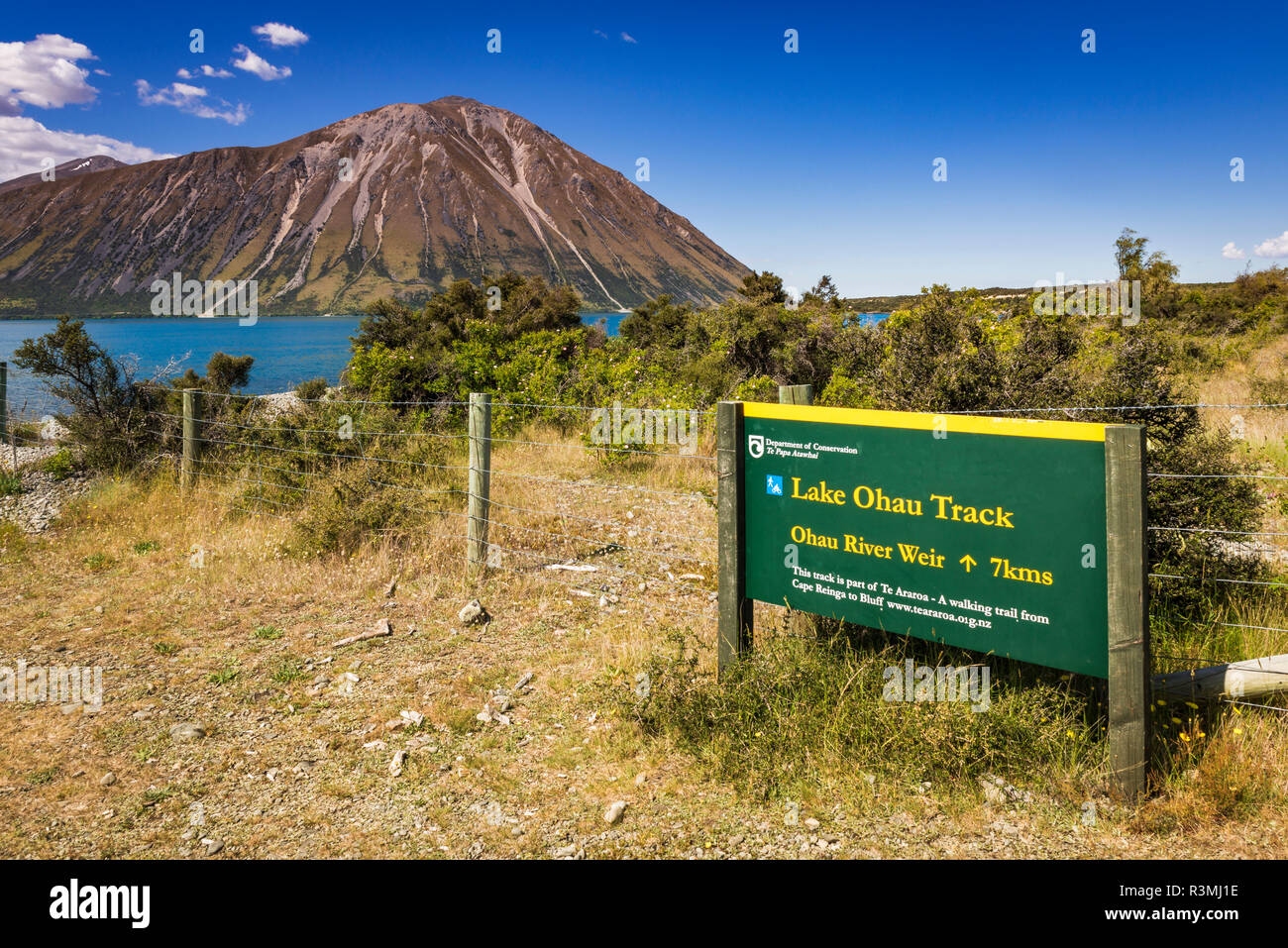 Lac Ohau voie le long du lac Ohau, Alpes du Sud, Canterbury, île du Sud, Nouvelle-Zélande Banque D'Images