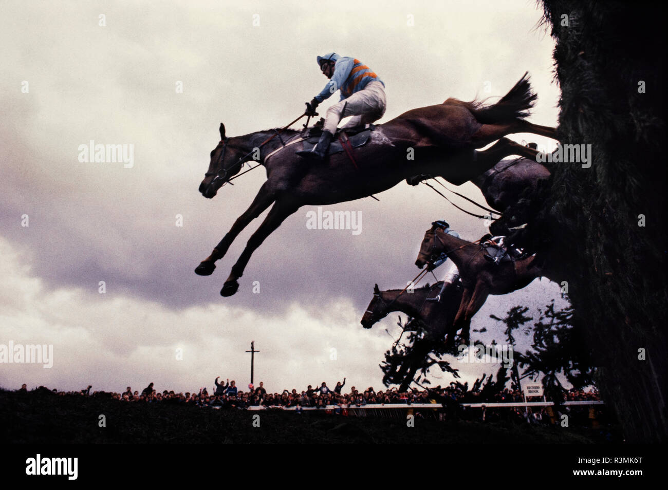 Grand National Rece Aintree Liverpool Angleterre Royaume-uni Réunion 1986 chevaux de saut d'Becher's Brook clôture lorsque plusieurs chevaux sont tombés. Banque D'Images