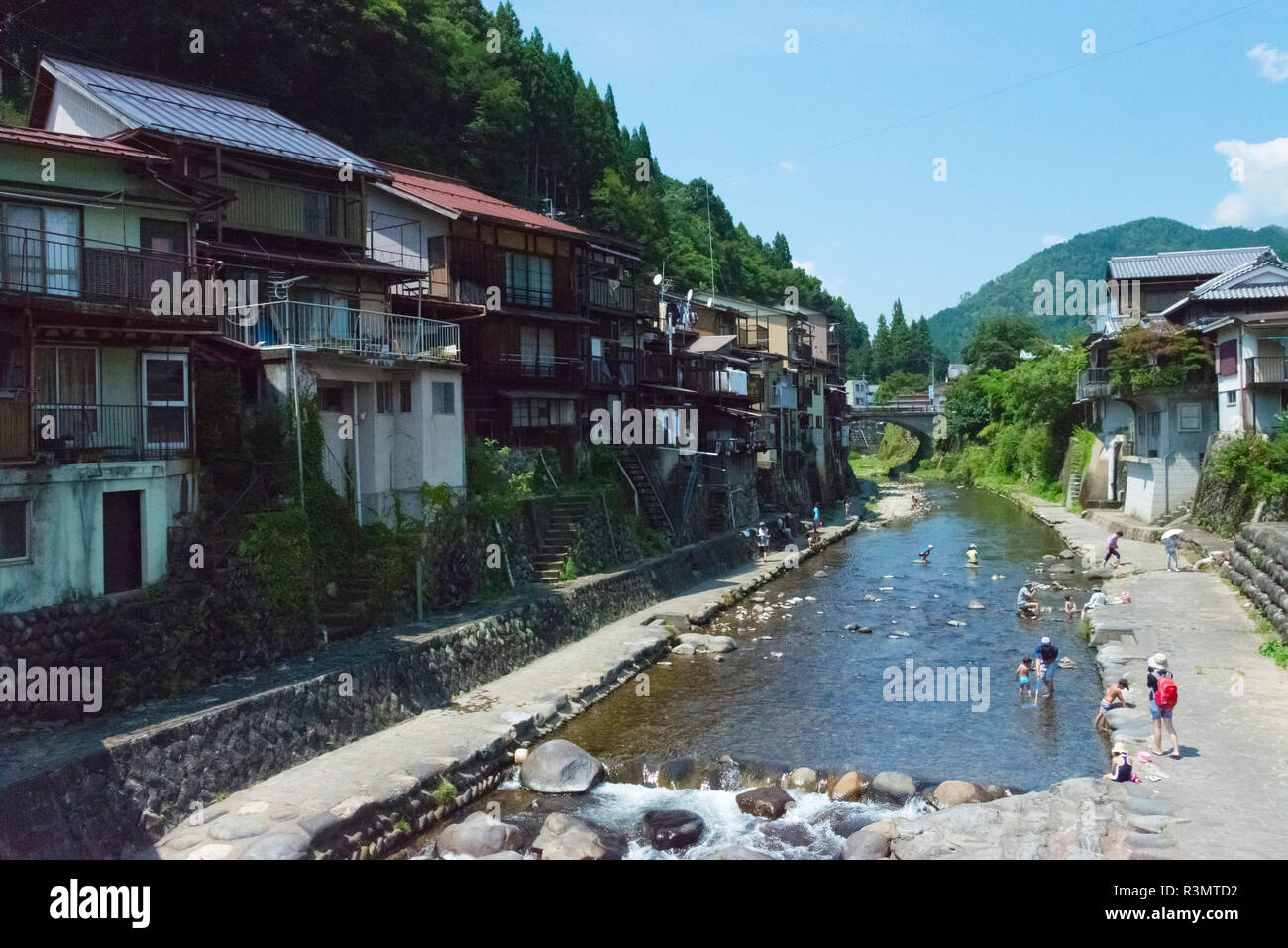 Maisons traditionnelles le long de la rivière Yoshida, Gujo Hachiman, préfecture de Gifu, Japon Banque D'Images