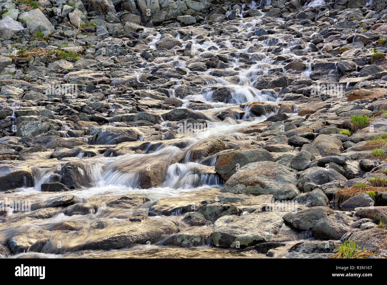 L'eau courante de ruisseau de montagne. Cascade d'eau entre pierres tiré sur une longue exposition Banque D'Images