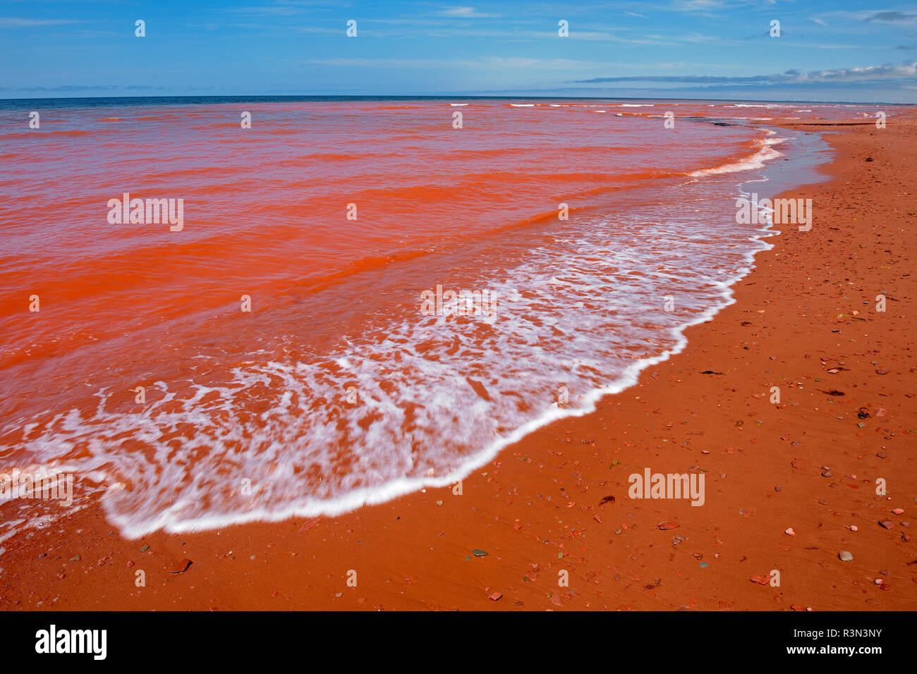 Le Canada, l'Île du Prince Édouard, de Malpeque. Les vagues le long de la plage de sable rouge. Banque D'Images