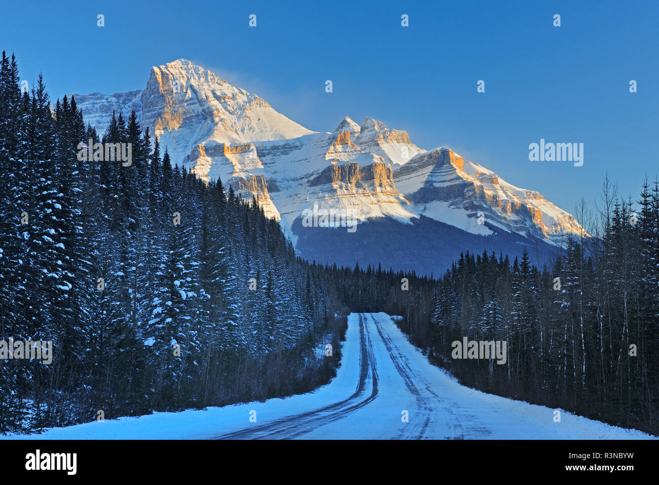 Le Canada, l'Alberta, parc national de Banff. Coucher du soleil sur les Rocheuses canadiennes et la route. Banque D'Images