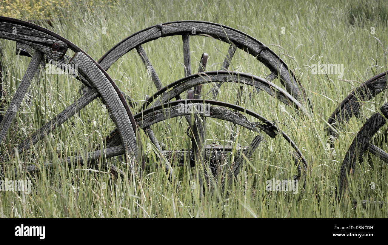 Le Canada, la Colombie-Britannique, Cache Creek, Hat Creek Ranch. Vieux wagon wheels en champ. Banque D'Images