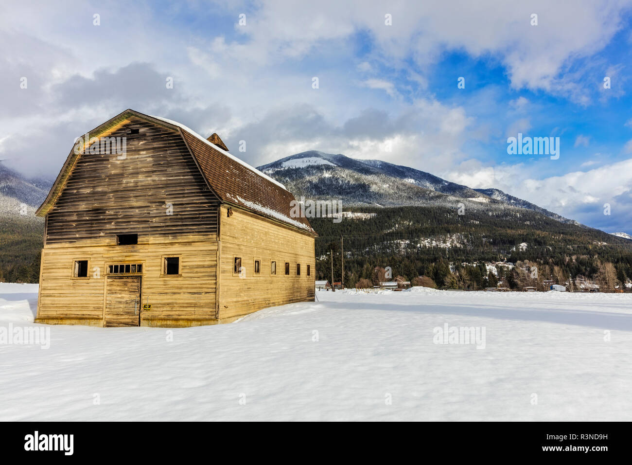 Jaune rustique barn en hiver dans la région de Proctor, British Columbia, Canada Banque D'Images