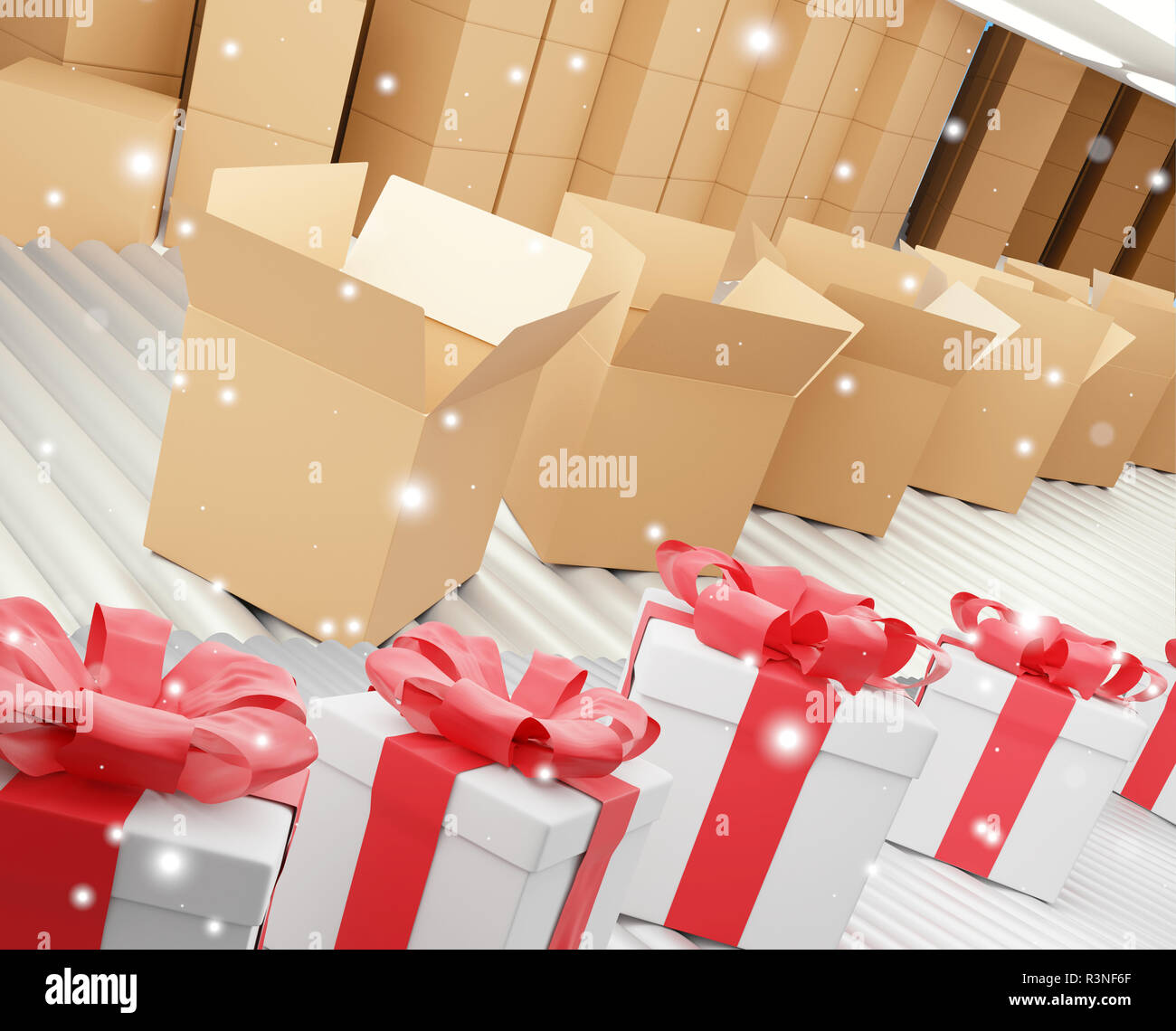 Rangée de cadeaux de Noël et la livraison des boîtes sur convoyeur à bande 3d-illustration Banque D'Images