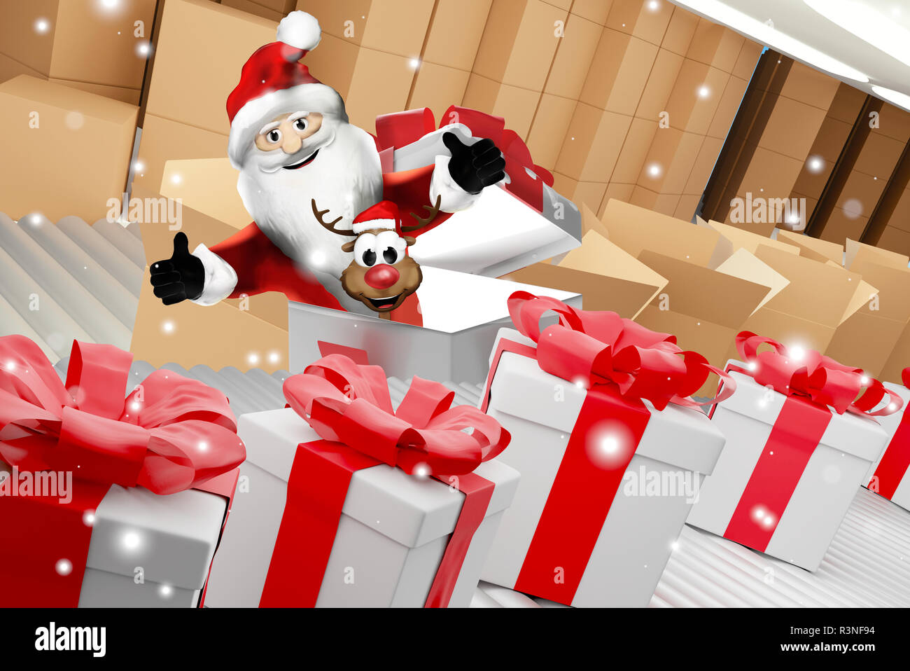 Père Noël avec une rangée de cadeaux de Noël et la livraison des boîtes sur convoyeur à bande 3d-illustration Banque D'Images