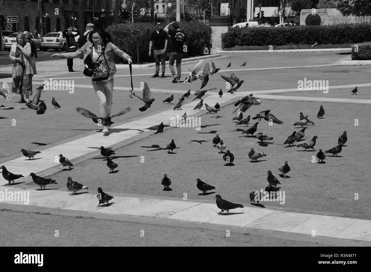 Athènes, Grèce - 22 avril 2015 : Jeune femme avec des pigeons à la place Syntagma et les touristes au centre-ville d'Athènes, Grèce. Noir et blanc. Banque D'Images