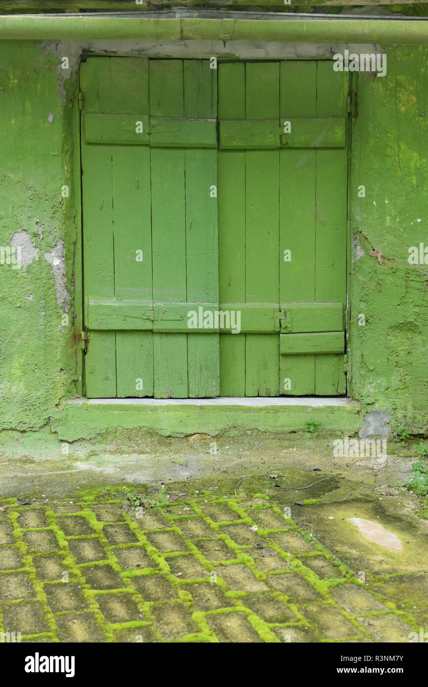 Fenêtre en bois vert et de l'obturateur trottoir moss. Le niveau de la rue vieille rez-de-chambre. Banque D'Images