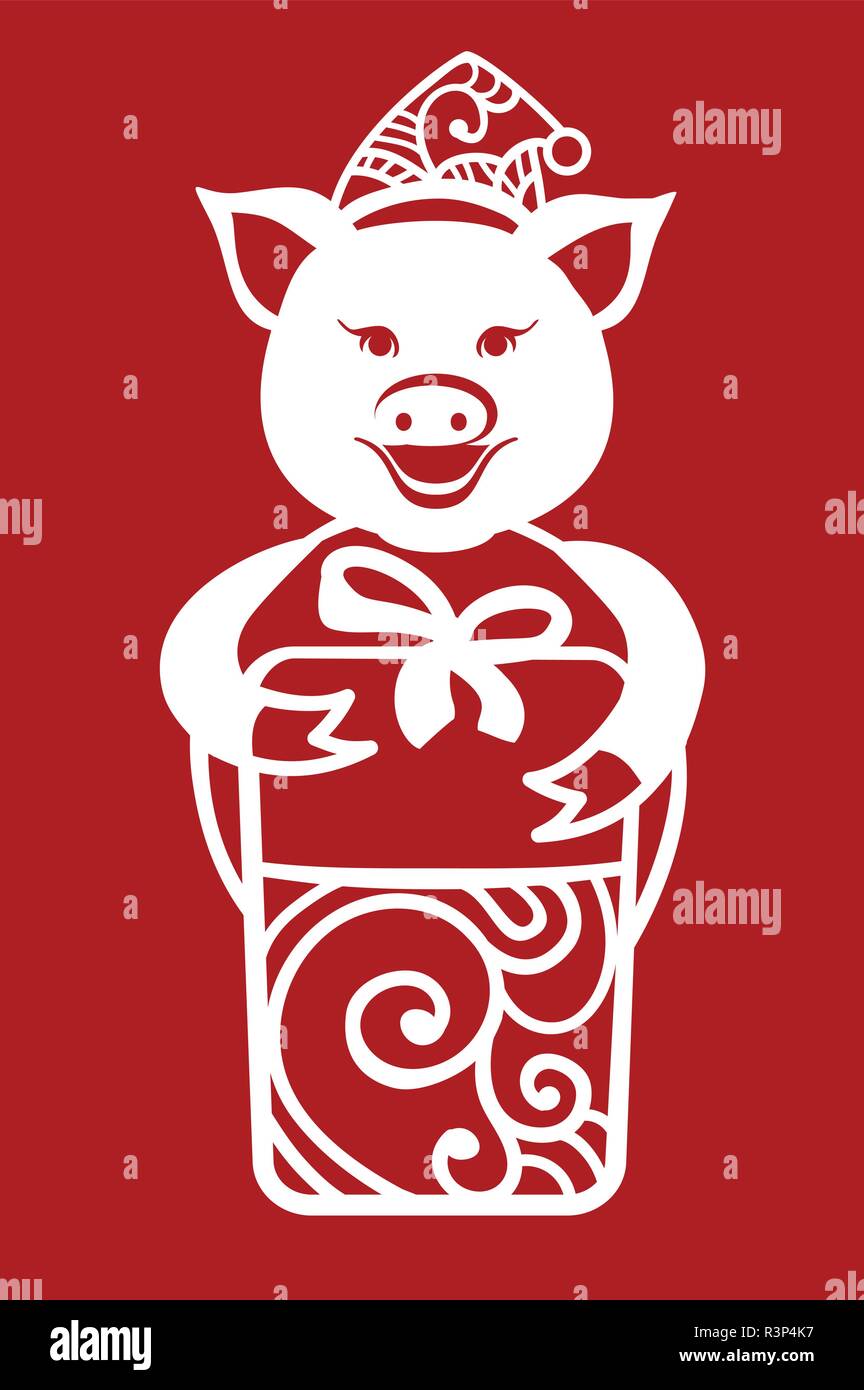 L'icône de coupe de porc. Pig dessin simple pour la découpe laser. Porc avec don. Symbole de 2019 Illustration de Vecteur