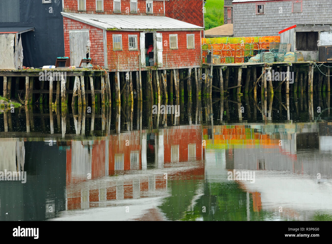 Le Canada, le Nouveau-Brunswick, l'île Grand Manan. Réflexions Dock dans l'eau. Banque D'Images Le Canada, le Nouveau-Brunswick, l'île Grand Manan. Réflexions Dock dans l'eau. Banque D'Images