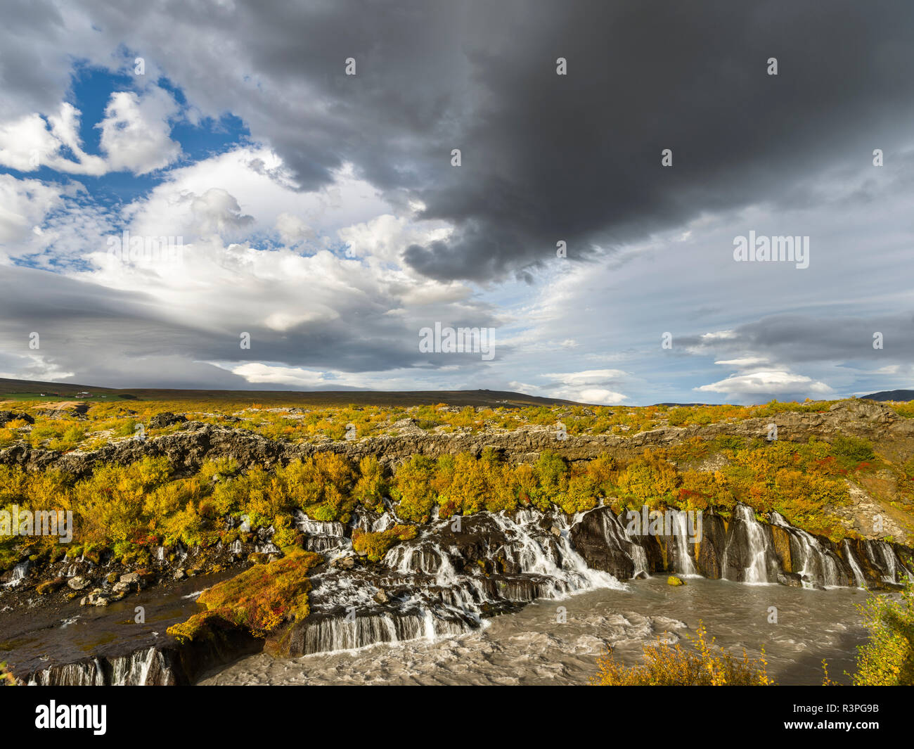 Hraunfossar Waterfall avec feuillage coloré à l'automne. Le nord de l'Islande Banque D'Images