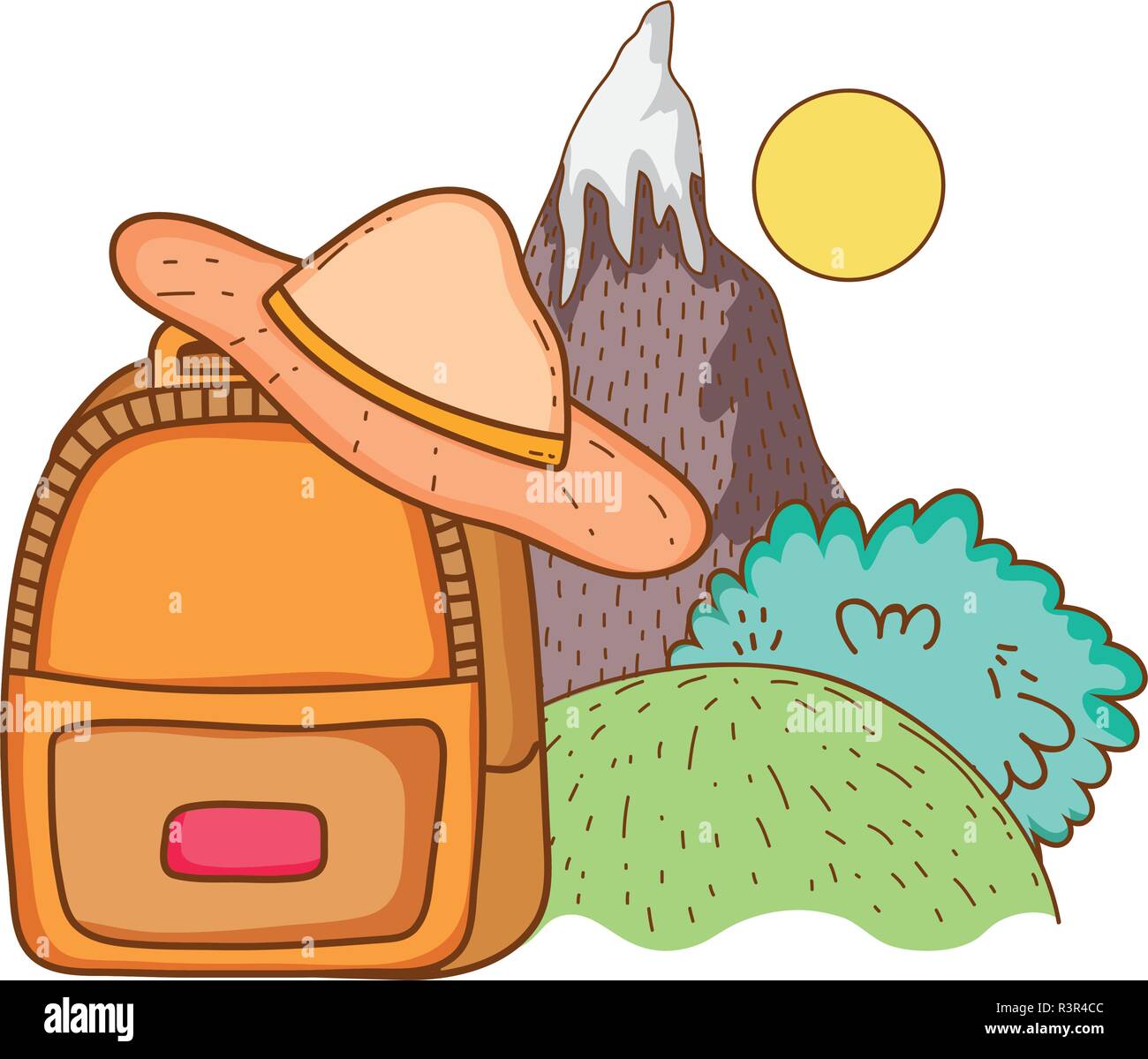 Éléments de voyage sacs à dos et le point avec chapeau avec paysage de montagne vector illustration graphic design Illustration de Vecteur