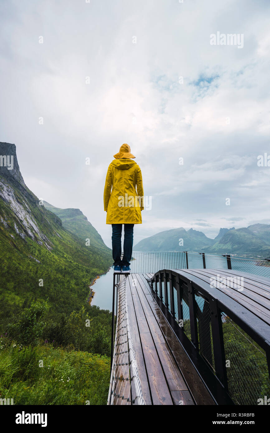 La Norvège, l'île de Senja, vue arrière de l'homme debout sur une plate-forme d'observation sur le littoral Banque D'Images