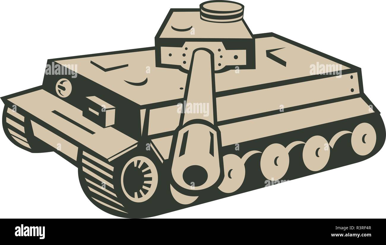 Illustration de style rétro d'un Allemand de la seconde guerre mondiale bataille de panzer tank visant viewer sur fond isolé. Illustration de Vecteur