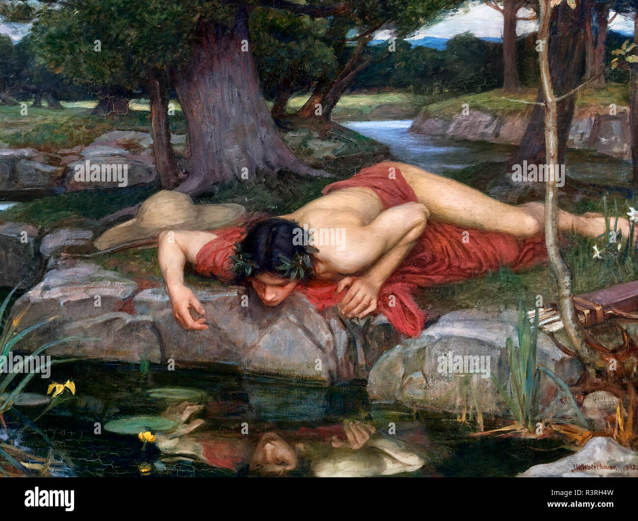 Narcisse regardant son reflet dans l'eau dans un tableau intitulé "Echo et Narcisse" de John William Waterhouse (1849-1917), huile sur toile 1903. Détail d'une œuvre plus importante, R3RH4N Banque D'Images