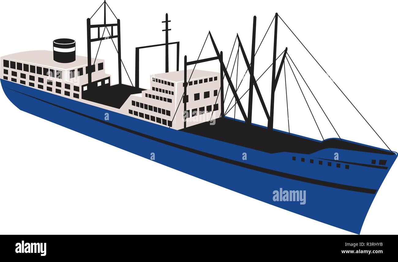 Illustration d'un style rétro vintage cargo, marchand ou le navire à passagers, le paquebot vue d'angle élevée isolée sur l'arrière-plan. Illustration de Vecteur