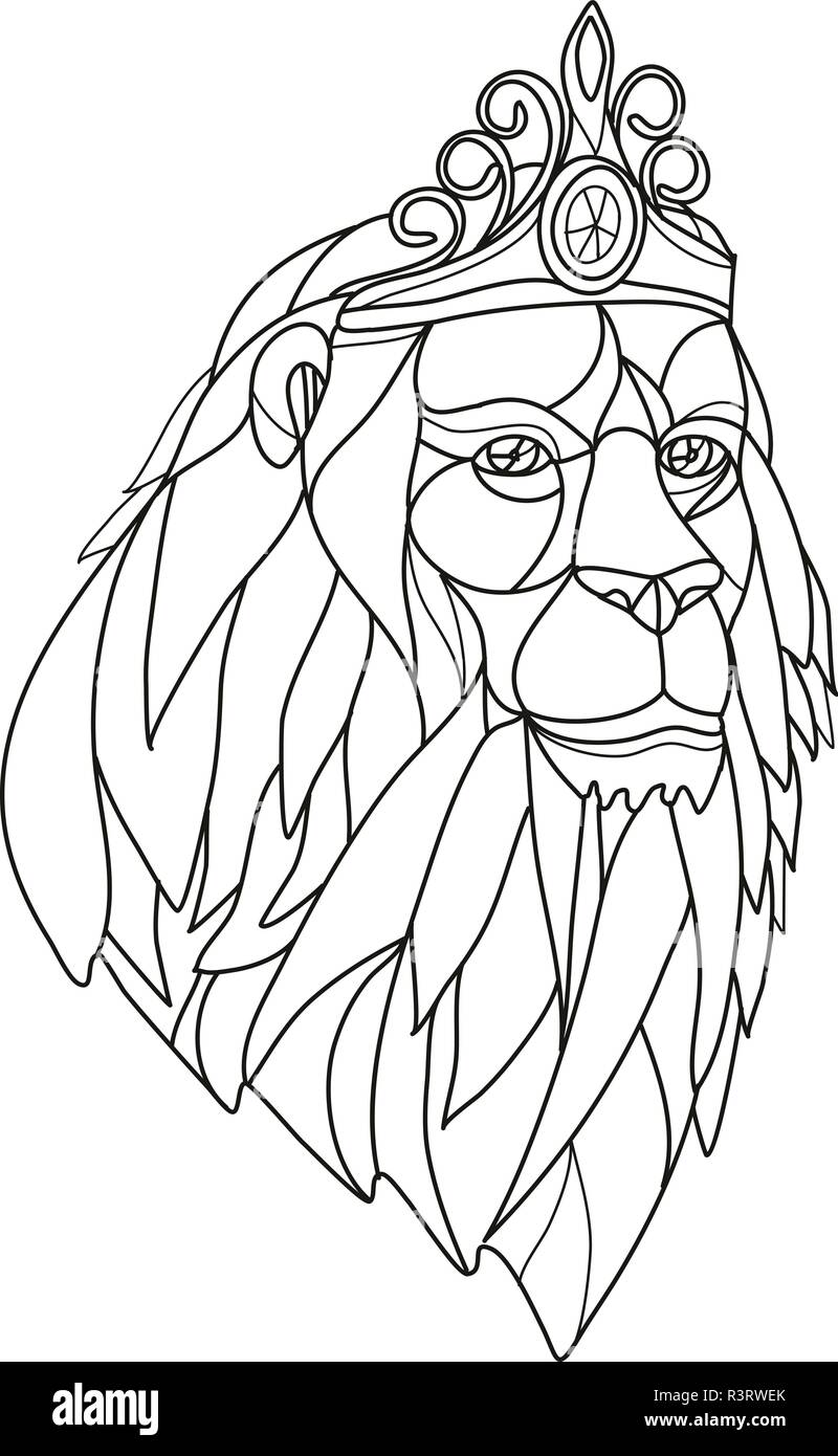 Illustration Style polygone faible mosaïque d'une princesse avec de gros lion mane portant une tiare couronne vu de l'avant en noir et blanc. Illustration de Vecteur