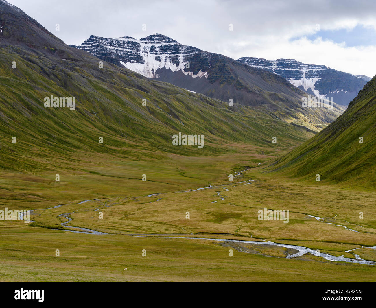 Vallée qui Lagheidi Trollaskagi jusqu'à dans les montagnes. Le nord de l'Islande Banque D'Images