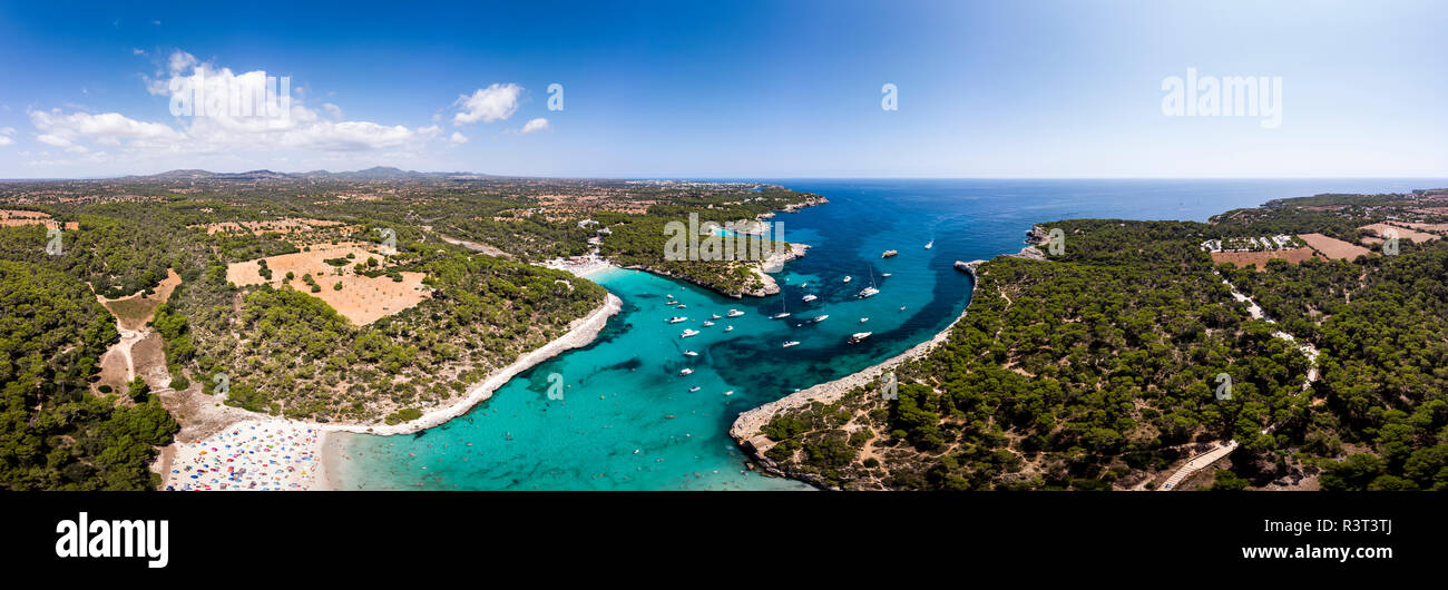 L'Espagne, Îles Baléares, Mallorca, Cala Mondrago Vue aérienne de et Playa Mondrago, Mandrago Nature Park Banque D'Images