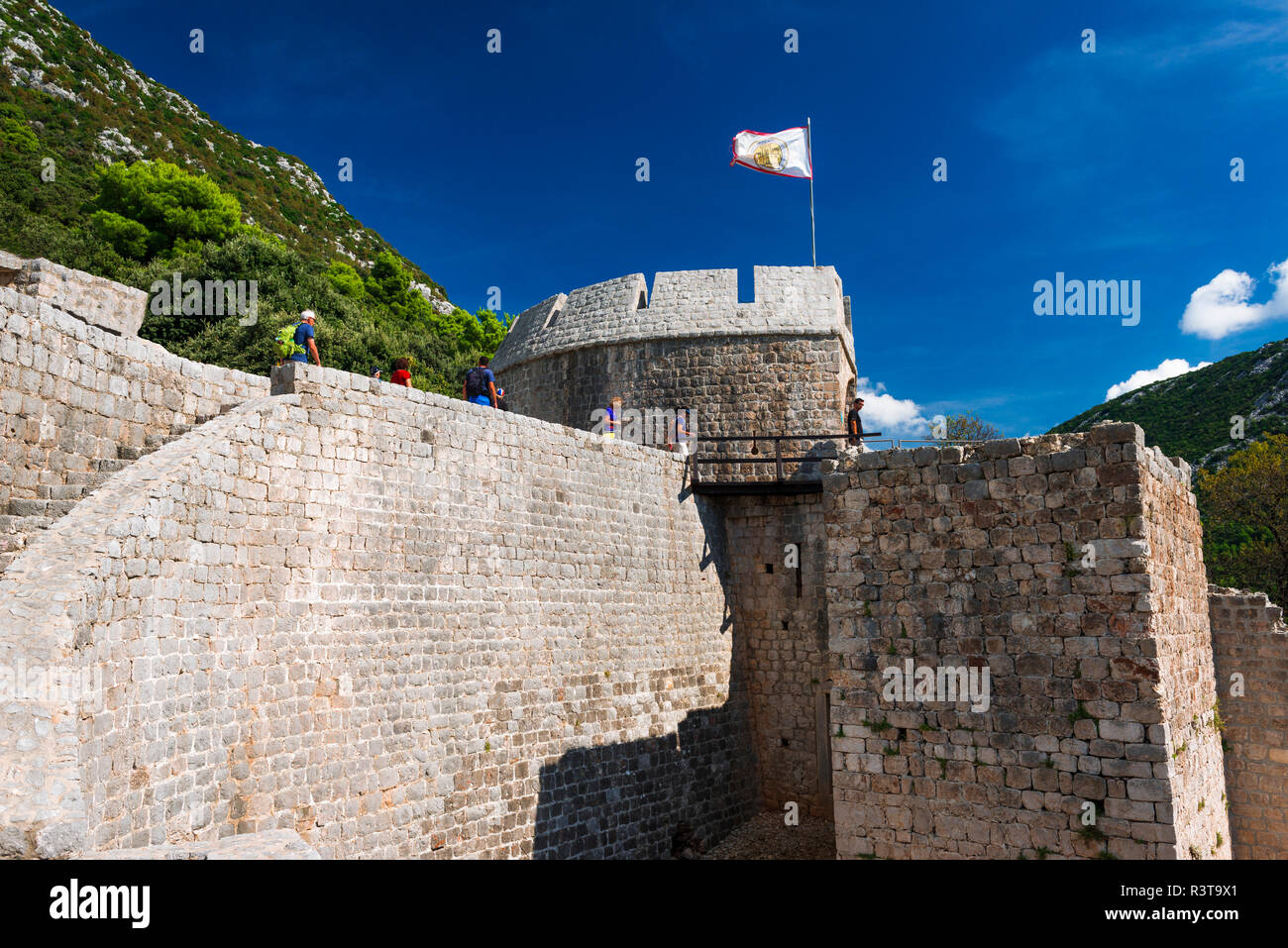 Les touristes sur le grand mur au-dessus du centre-ville, Ston, côte dalmate, en Croatie Banque D'Images