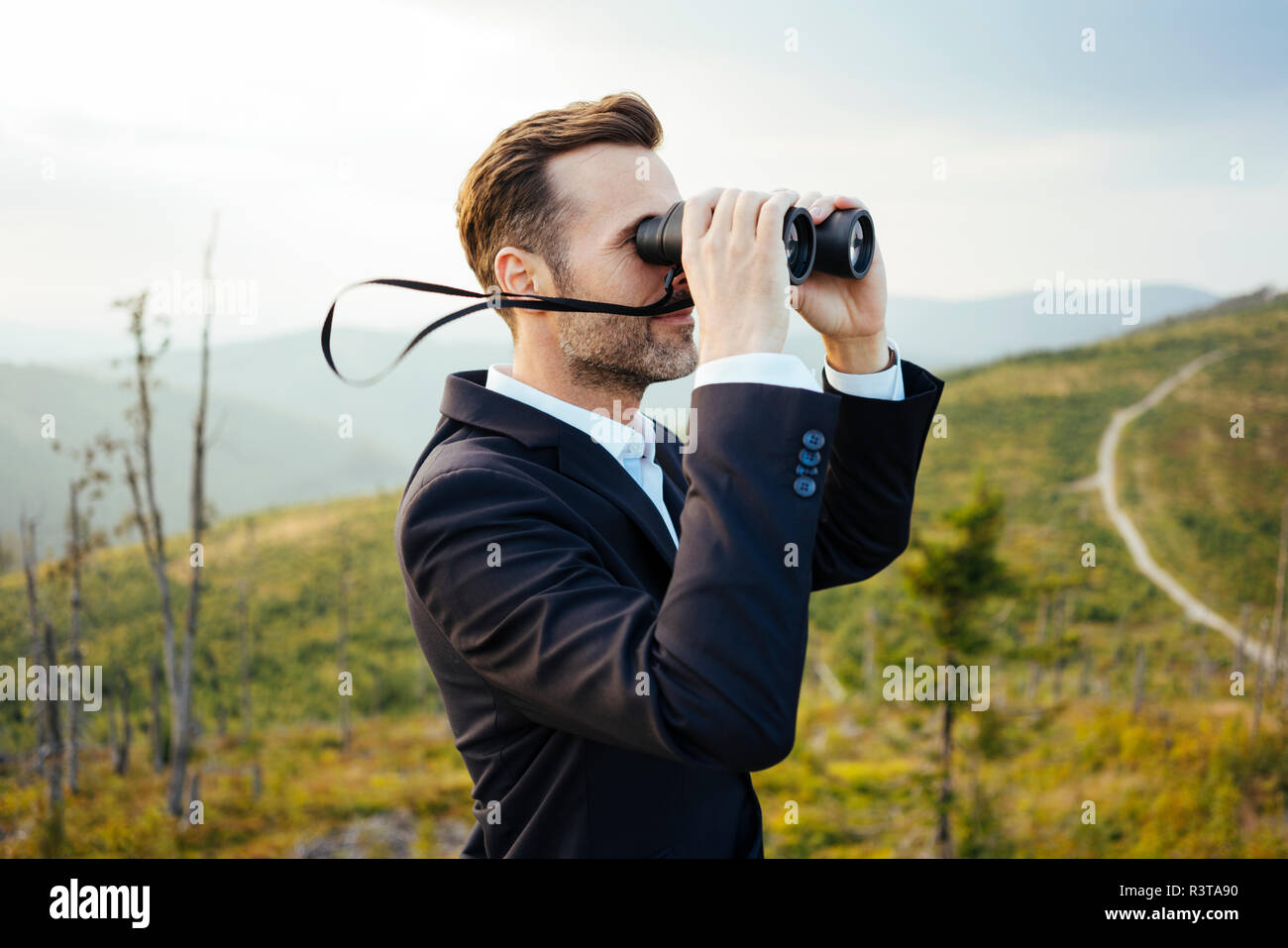 Businessman looking through binoculars au sommet d'une montagne Banque D'Images