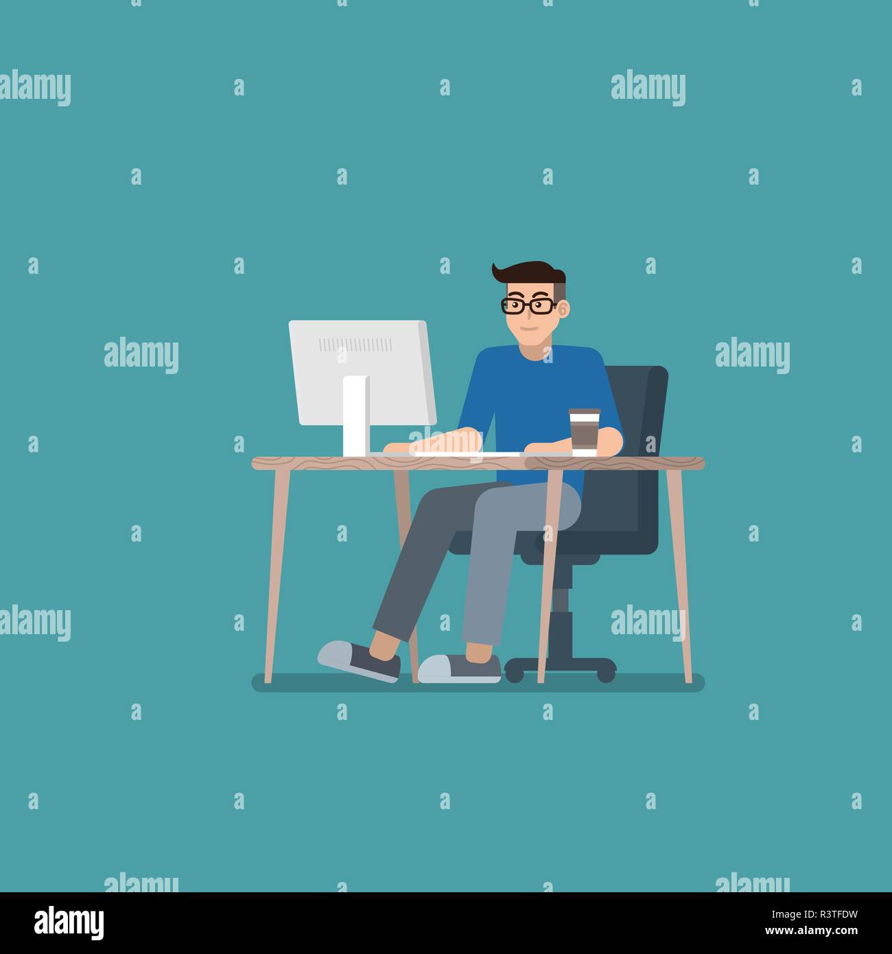 Jeune homme à lunettes dans les tenues de travailler sur ordinateur de bureau au bureau de style plat Illustration de Vecteur
